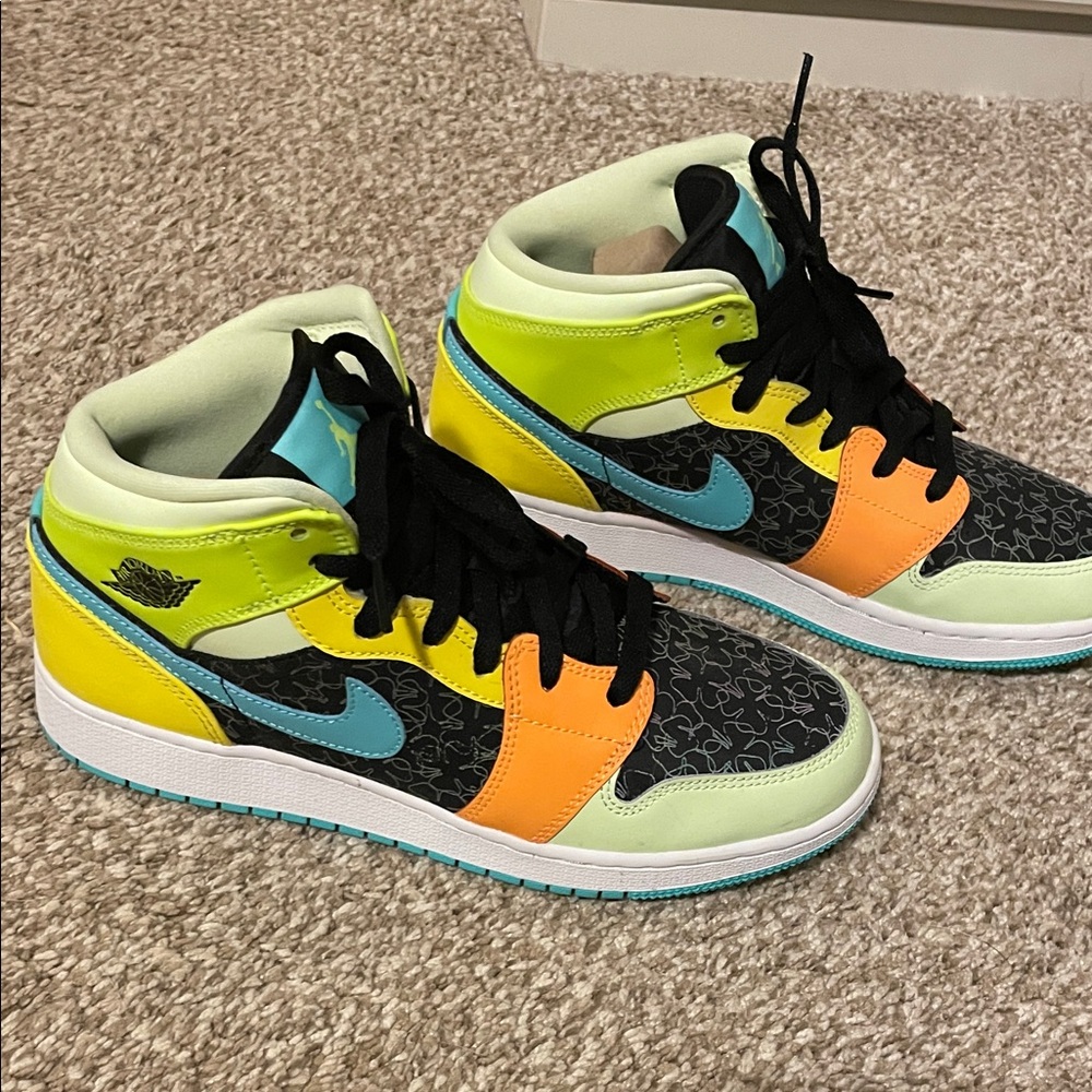 Nike Air Jordan Kids Sneakers in Black, Orange, Yellow, and Blue